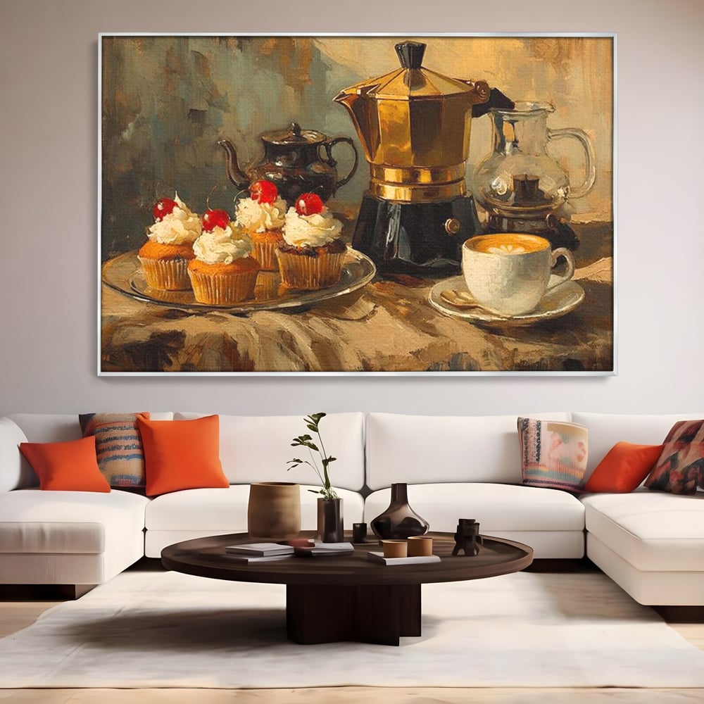 Tablou canvas cu pictura statica cu briose si cafea, in rama de aluminiu argintiu, pe perete intr-un living